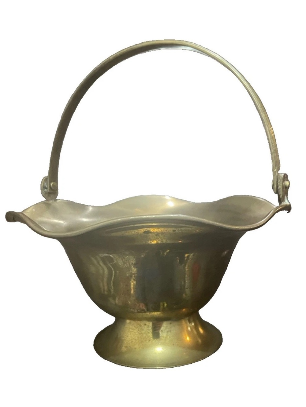Vintage Brass Pedestal Basket Bucket Swing Handle Scalloped Rim India 6"